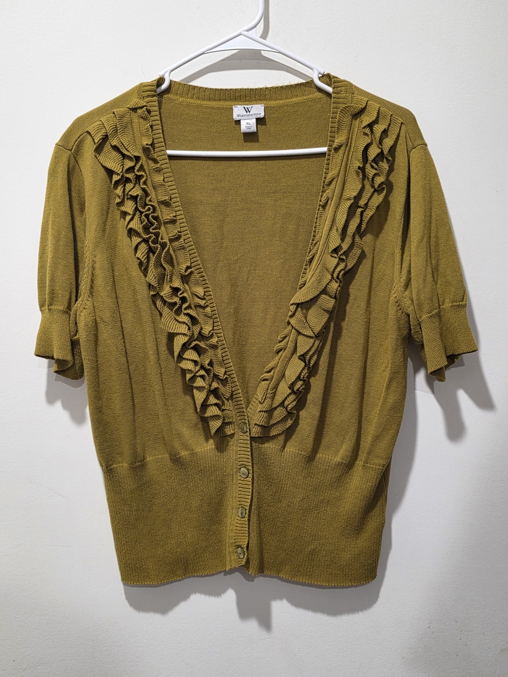W by Worth Olive-Gold Ruffle Trim Short Sleeve Cardigan